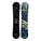Two views of a snowboard with branding on a white background