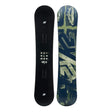 Two views of a snowboard with branding on a white background