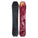 Two snowboards, one black and one with a red and yellow design, on a white background.