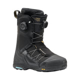 Black snowboard boot with visible branding on a white background