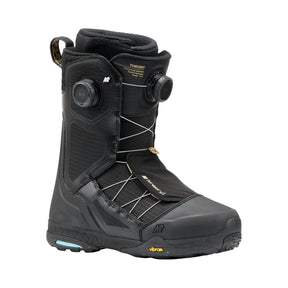 Black snowboard boot with visible branding on a white background