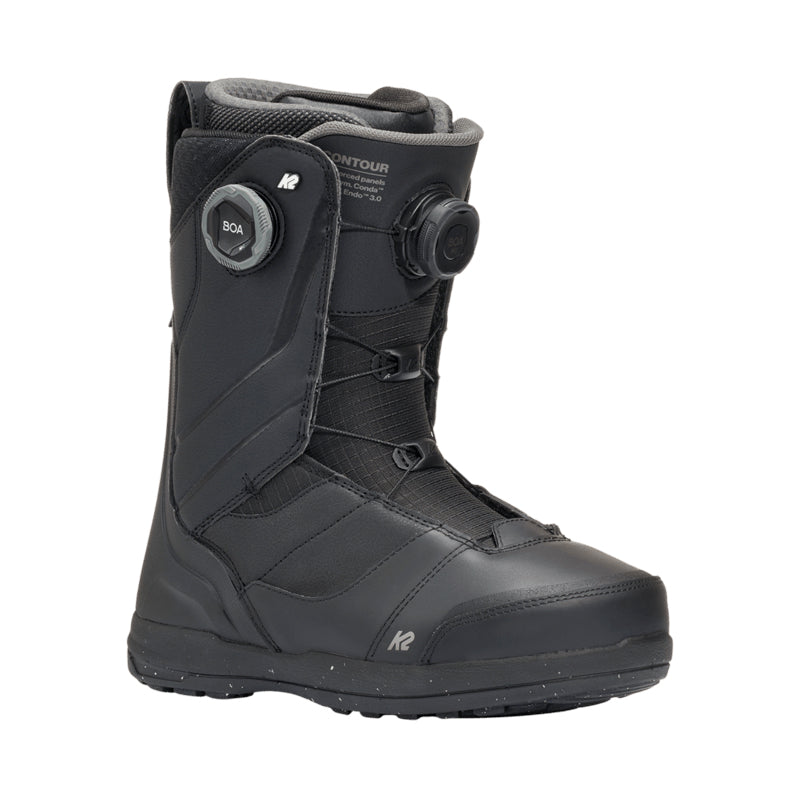Black snowboard boot with visible branding on a white background