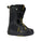 Black snowboard boot with green accents on a white background