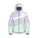 A color-blocked hooded jacket shown as a front-facing line drawing on a plain white background. The jacket has a light lavender upper section, a white chest band, and a pale mint green lower section.