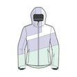 A color-blocked hooded jacket shown as a front-facing line drawing on a plain white background. The jacket has a light lavender upper section, a white chest band, and a pale mint green lower section.