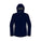 A dark navy hooded jacket with silver zipper details and white reflective stripes on the sleeves, shown against a plain white background.