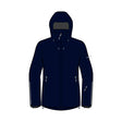 A dark navy hooded jacket with silver zipper details and white reflective stripes on the sleeves, shown against a plain white background.