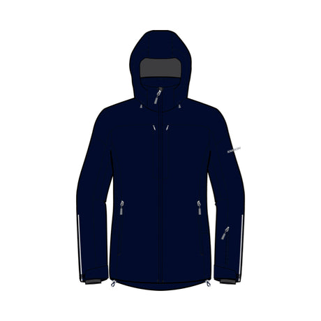A dark navy hooded jacket with silver zipper details and white reflective stripes on the sleeves, shown against a plain white background.