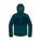 A dark teal and navy hooded jacket shown front-facing on a plain white background.
