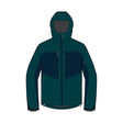 A dark teal and navy hooded jacket shown front-facing on a plain white background.