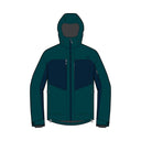 A dark teal and navy hooded jacket shown front-facing on a plain white background.