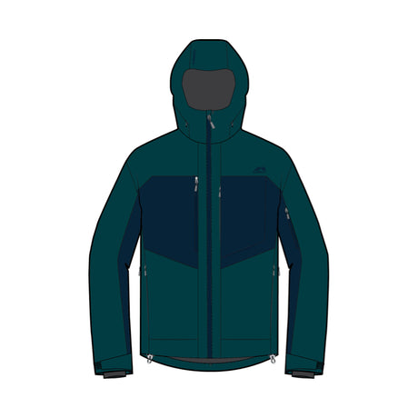 A dark teal and navy hooded jacket shown front-facing on a plain white background.