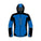 A technical hooded jacket shown front-facing on a plain white background. The jacket is primarily royal blue with large black panels on the hood, shoulders, and parts of the sleeves, plus small white reflective-looking zipper pulls and subtle white text on the sleeve.