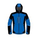 A technical hooded jacket shown front-facing on a plain white background. The jacket is primarily royal blue with large black panels on the hood, shoulders, and parts of the sleeves, plus small white reflective-looking zipper pulls and subtle white text on the sleeve.