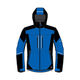 A technical hooded jacket shown front-facing on a plain white background. The jacket is primarily royal blue with large black panels on the hood, shoulders, and parts of the sleeves, plus small white reflective-looking zipper pulls and subtle white text on the sleeve.