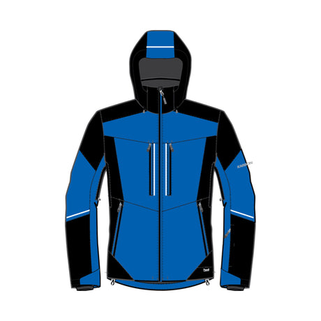 A technical hooded jacket shown front-facing on a plain white background. The jacket is primarily royal blue with large black panels on the hood, shoulders, and parts of the sleeves, plus small white reflective-looking zipper pulls and subtle white text on the sleeve.