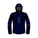 A technical hooded jacket shown front-facing on a plain white background. The jacket is primarily dark navy blue with black panels on the hood, shoulders, and parts of the sleeves, plus small white reflective-looking zipper pulls and a small white sleeve logo.
