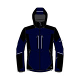 A technical hooded jacket shown front-facing on a plain white background. The jacket is primarily dark navy blue with black panels on the hood, shoulders, and parts of the sleeves, plus small white reflective-looking zipper pulls and a small white sleeve logo.