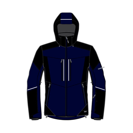 A technical hooded jacket shown front-facing on a plain white background. The jacket is primarily dark navy blue with black panels on the hood, shoulders, and parts of the sleeves, plus small white reflective-looking zipper pulls and a small white sleeve logo.
