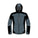 A technical hooded jacket shown front-facing on a plain white background. The jacket is primarily dark gray with black panels on the hood, shoulders, and lower body, plus small white reflective striping and zipper details.