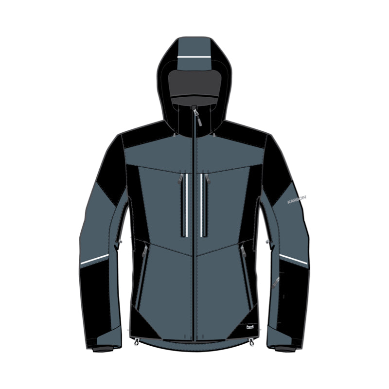 A technical hooded jacket shown front-facing on a plain white background. The jacket is primarily dark gray with black panels on the hood, shoulders, and lower body, plus small white reflective striping and zipper details.