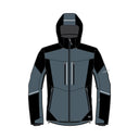 A technical hooded jacket shown front-facing on a plain white background. The jacket is primarily dark gray with black panels on the hood, shoulders, and lower body, plus small white reflective striping and zipper details.