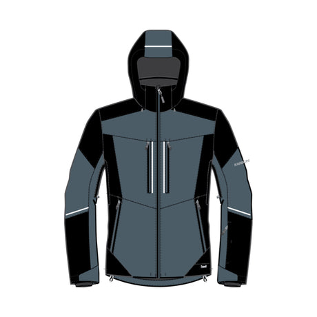 A technical hooded jacket shown front-facing on a plain white background. The jacket is primarily dark gray with black panels on the hood, shoulders, and lower body, plus small white reflective striping and zipper details.