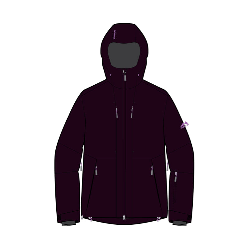 A dark plum-colored hooded jacket with silver zippers, shown on a plain white background.