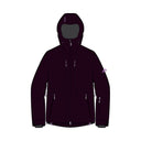 A dark plum-colored hooded jacket with silver zippers, shown on a plain white background.