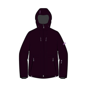 A dark plum-colored hooded jacket with silver zippers, shown on a plain white background.