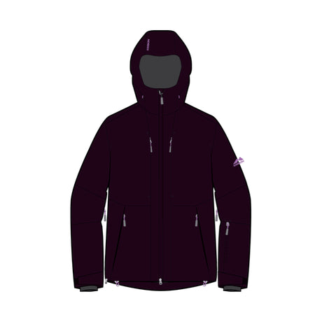 A dark plum-colored hooded jacket with silver zippers, shown on a plain white background.