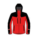 A red and black hooded ski jacket shown as a front-facing product illustration on a plain white background.