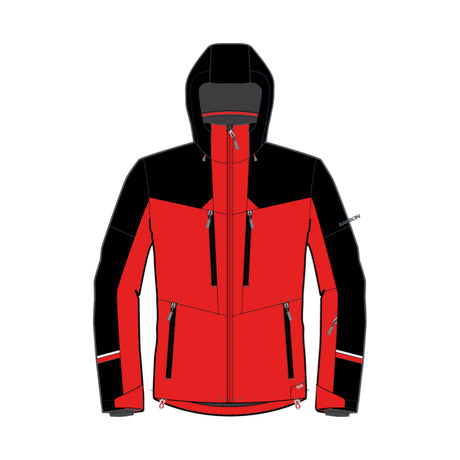 A red and black hooded ski jacket shown as a front-facing product illustration on a plain white background.