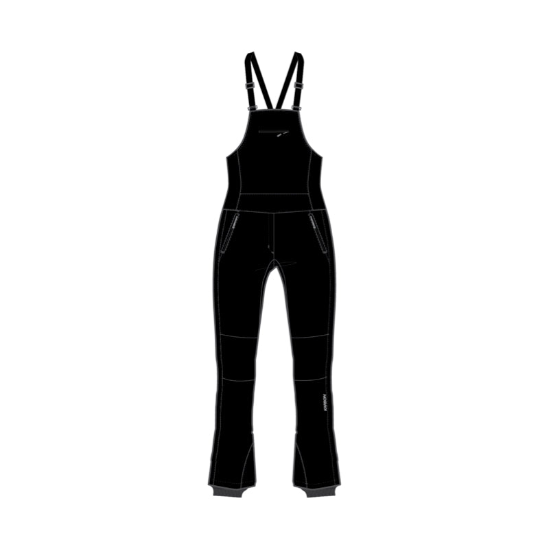Black insulated bib overalls with adjustable shoulder straps and zippered pockets, shown flat against a solid white background.