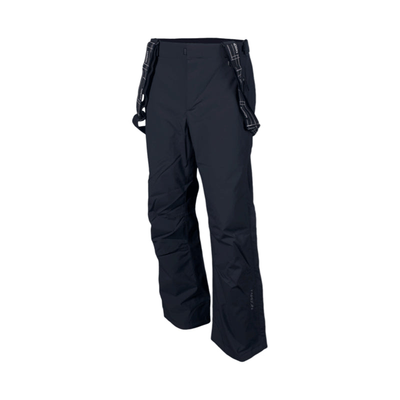 Black technical snow pants with integrated suspenders, shown on a plain white background.