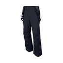 Black technical snow pants with integrated suspenders, shown on a plain white background.
