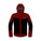 A technical hooded jacket shown front-facing on a plain white background. The jacket has a color-blocked design with dark red on the hood, shoulders, and lower torso, and black across the chest and upper sleeves.