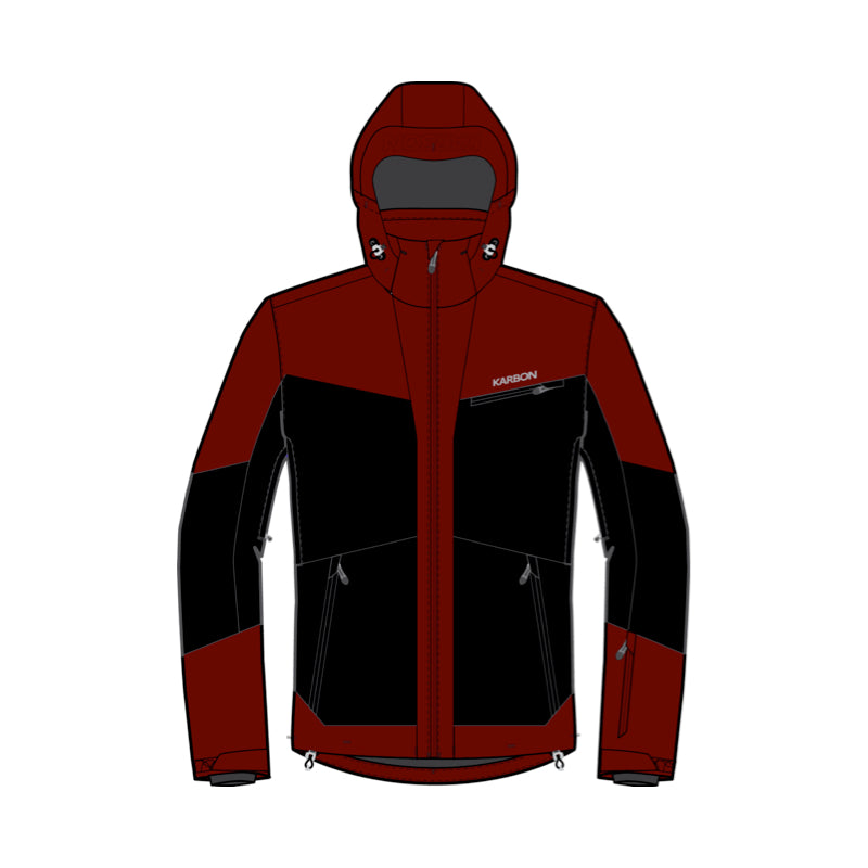 A technical hooded jacket shown front-facing on a plain white background. The jacket has a color-blocked design with dark red on the hood, shoulders, and lower torso, and black across the chest and upper sleeves.