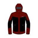 A technical hooded jacket shown front-facing on a plain white background. The jacket has a color-blocked design with dark red on the hood, shoulders, and lower torso, and black across the chest and upper sleeves.