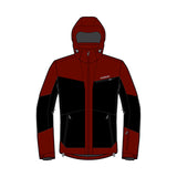 A technical hooded jacket shown front-facing on a plain white background. The jacket has a color-blocked design with dark red on the hood, shoulders, and lower torso, and black across the chest and upper sleeves.