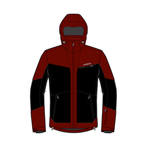 A technical hooded jacket shown front-facing on a plain white background. The jacket has a color-blocked design with dark red on the hood, shoulders, and lower torso, and black across the chest and upper sleeves.