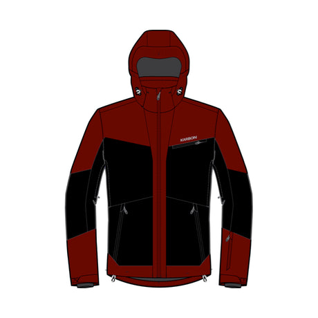 A technical hooded jacket shown front-facing on a plain white background. The jacket has a color-blocked design with dark red on the hood, shoulders, and lower torso, and black across the chest and upper sleeves.