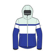A color-blocked hooded jacket shown as a front-facing flat technical illustration on a white background. The jacket features a pale mint green upper section, a wide white chest band, and royal blue lower sections and sleeves.