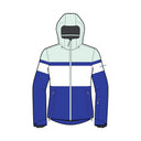 A color-blocked hooded jacket shown as a front-facing flat technical illustration on a white background. The jacket features a pale mint green upper section, a wide white chest band, and royal blue lower sections and sleeves.