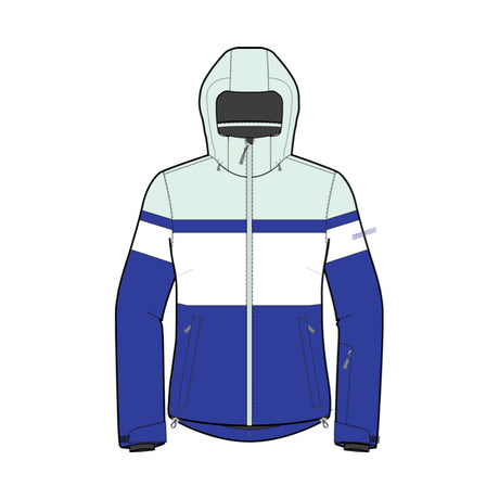 A color-blocked hooded jacket shown as a front-facing flat technical illustration on a white background. The jacket features a pale mint green upper section, a wide white chest band, and royal blue lower sections and sleeves.