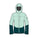 A technical hooded jacket shown front-facing on a plain white background, with a light mint green upper body and dark teal lower body and sleeves.