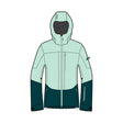 A technical hooded jacket shown front-facing on a plain white background, with a light mint green upper body and dark teal lower body and sleeves.