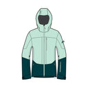A technical hooded jacket shown front-facing on a plain white background, with a light mint green upper body and dark teal lower body and sleeves.