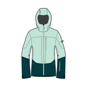 A technical hooded jacket shown front-facing on a plain white background, with a light mint green upper body and dark teal lower body and sleeves.
