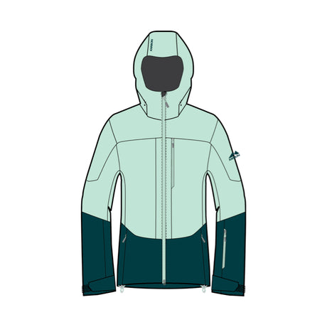 A technical hooded jacket shown front-facing on a plain white background, with a light mint green upper body and dark teal lower body and sleeves.